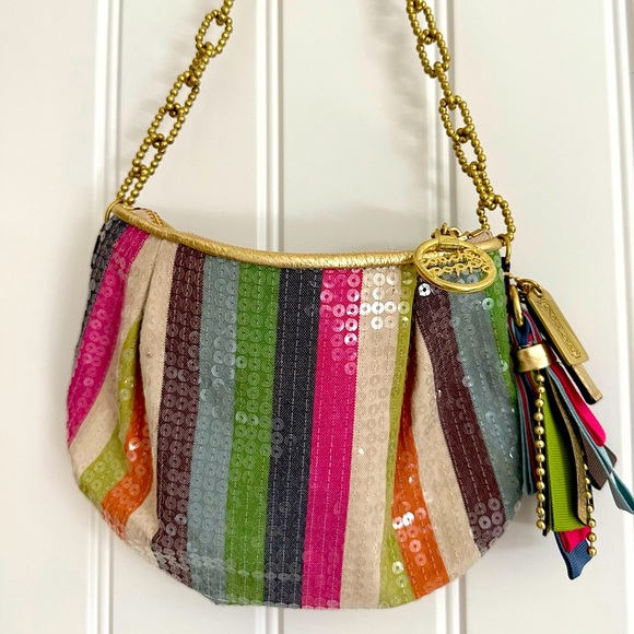 Coach Handbags - Coach Stripe Sequin Poppy Pouch 16382